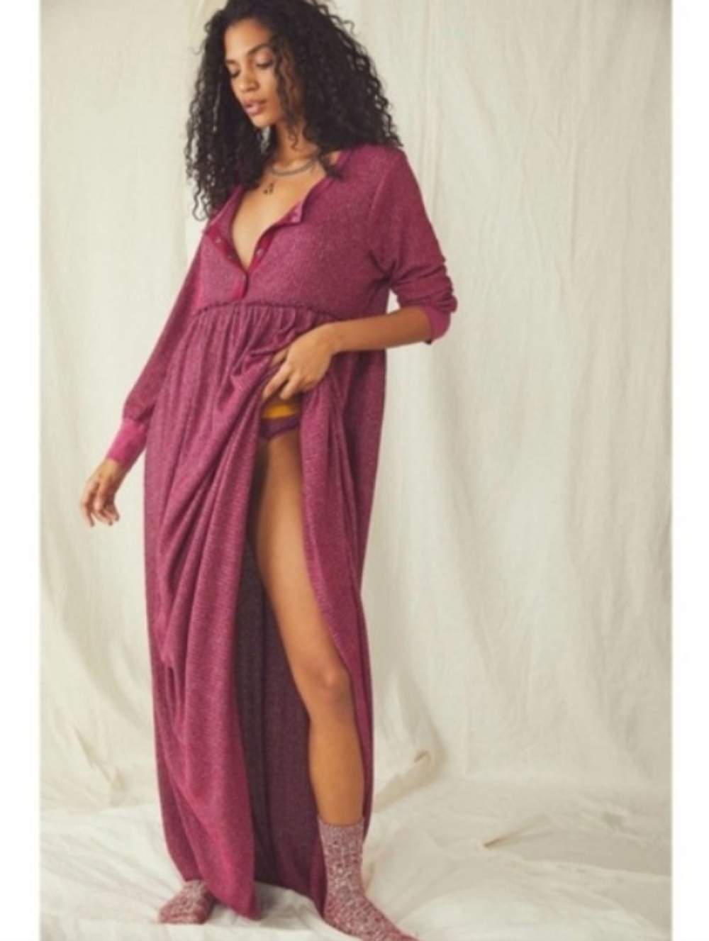 Free People Waffle Babydoll Henley Purple Bohemian Thermal Knit Maxi Dress